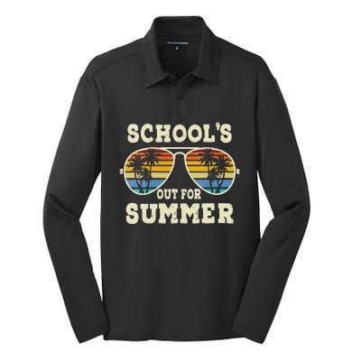 Womens Cute Last Day Of School Schools Out For Summer Teacher Retro Silk Touch Performance Long Sleeve Polo