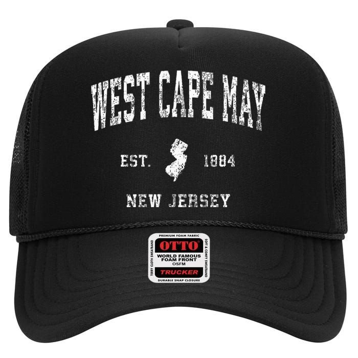 West Cape May New Jersey Nj Vintage Athletic Sports Design High Crown Mesh Back Trucker Hat