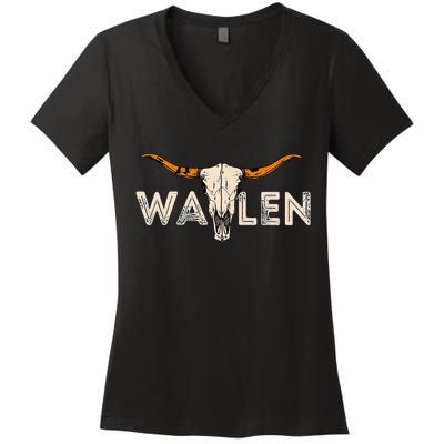 Western Country Music Girl Bull Skull Women's V-Neck T-Shirt