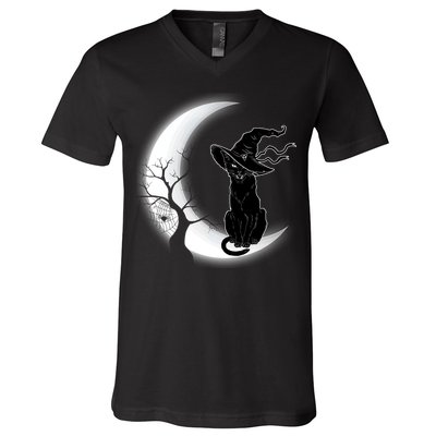Witch Cat Moon Halloween V-Neck T-Shirt
