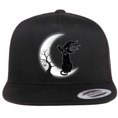 Witch Cat Moon Halloween Flat Bill Trucker Hat