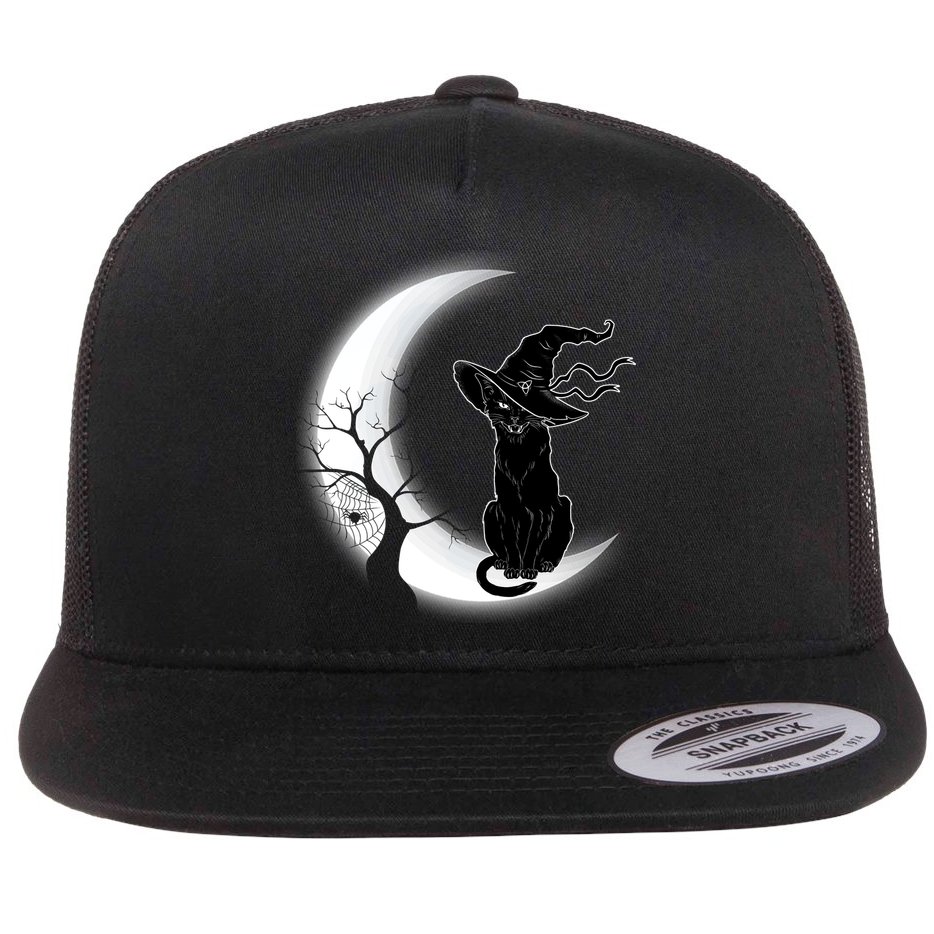 Witch Cat Moon Halloween Flat Bill Trucker Hat