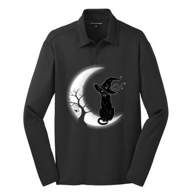 Witch Cat Moon Halloween Silk Touch Performance Long Sleeve Polo