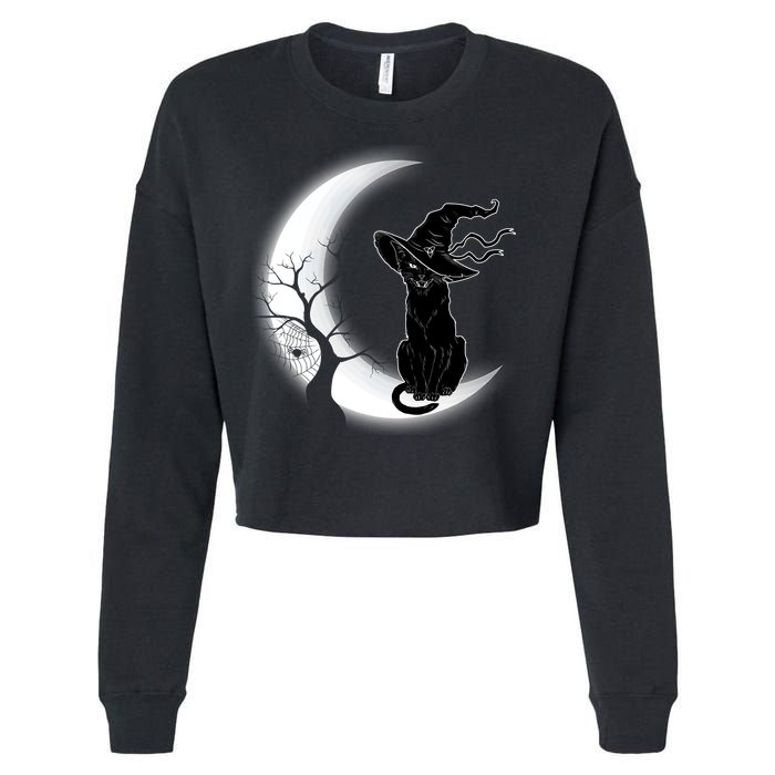 Witch Cat Moon Halloween Cropped Pullover Crew