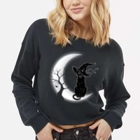 Witch Cat Moon Halloween Cropped Pullover Crew