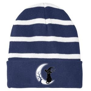 Witch Cat Moon Halloween Striped Beanie with Solid Band