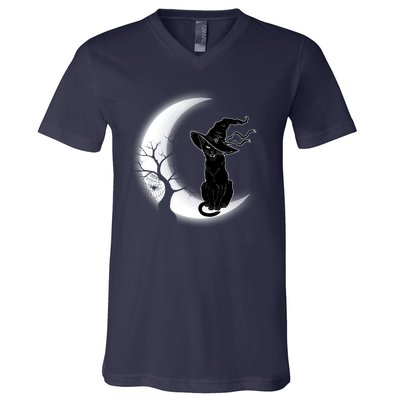 Witch Cat Moon Halloween V-Neck T-Shirt