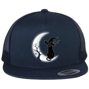 Witch Cat Moon Halloween Flat Bill Trucker Hat