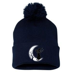 Witch Cat Moon Halloween Pom Pom 12in Knit Beanie