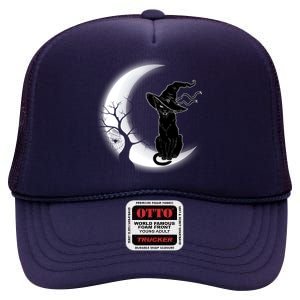 Witch Cat Moon Halloween High Crown Mesh Back Trucker Hat