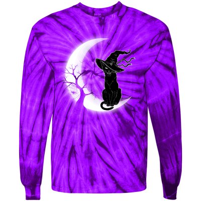 Witch Cat Moon Halloween Tie-Dye Long Sleeve Shirt