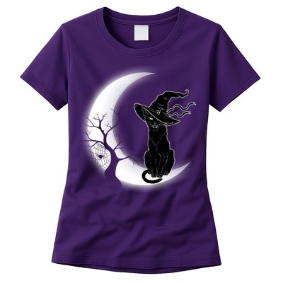 Witch Cat Moon Halloween Womens T-Shirt
