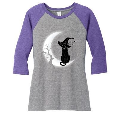 Witch Cat Moon Halloween Women's Tri-Blend 3/4-Sleeve Raglan Shirt