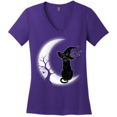Witch Cat Moon Halloween Women's V-Neck T-Shirt
