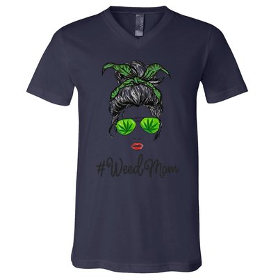 Womens Classy Mom Life With Leopard Mom Marijuana Weed Lover V-Neck T-Shirt