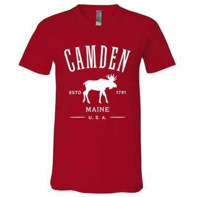 Women Camden Maine Usa With Moose Design Souvenir V-Neck T-Shirt