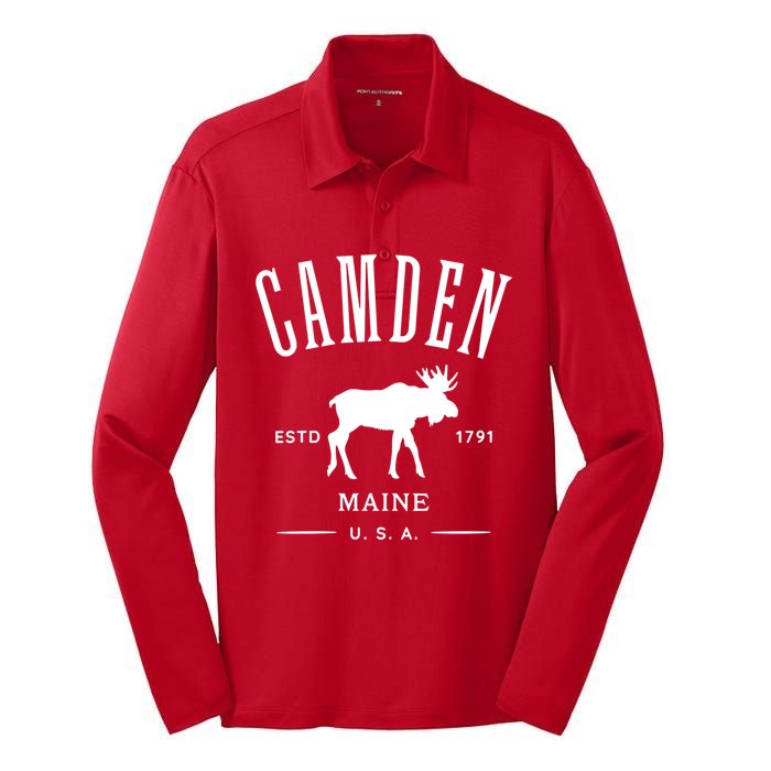 Women Camden Maine Usa With Moose Design Souvenir Silk Touch Performance Long Sleeve Polo