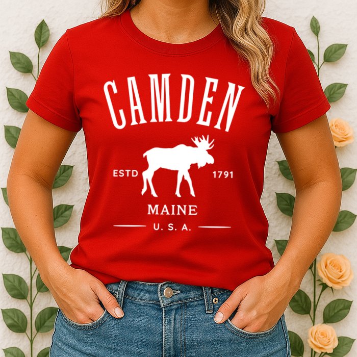 Women Camden Maine Usa With Moose Design Souvenir Womens T-Shirt
