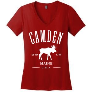 Women Camden Maine Usa With Moose Design Souvenir Women's V-Neck T-Shirt