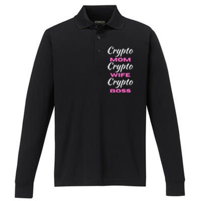 Wo Crypto Mom Wife Boss Funny Tee Bitcoin Ethereum Funny Gift Performance Long Sleeve Polo