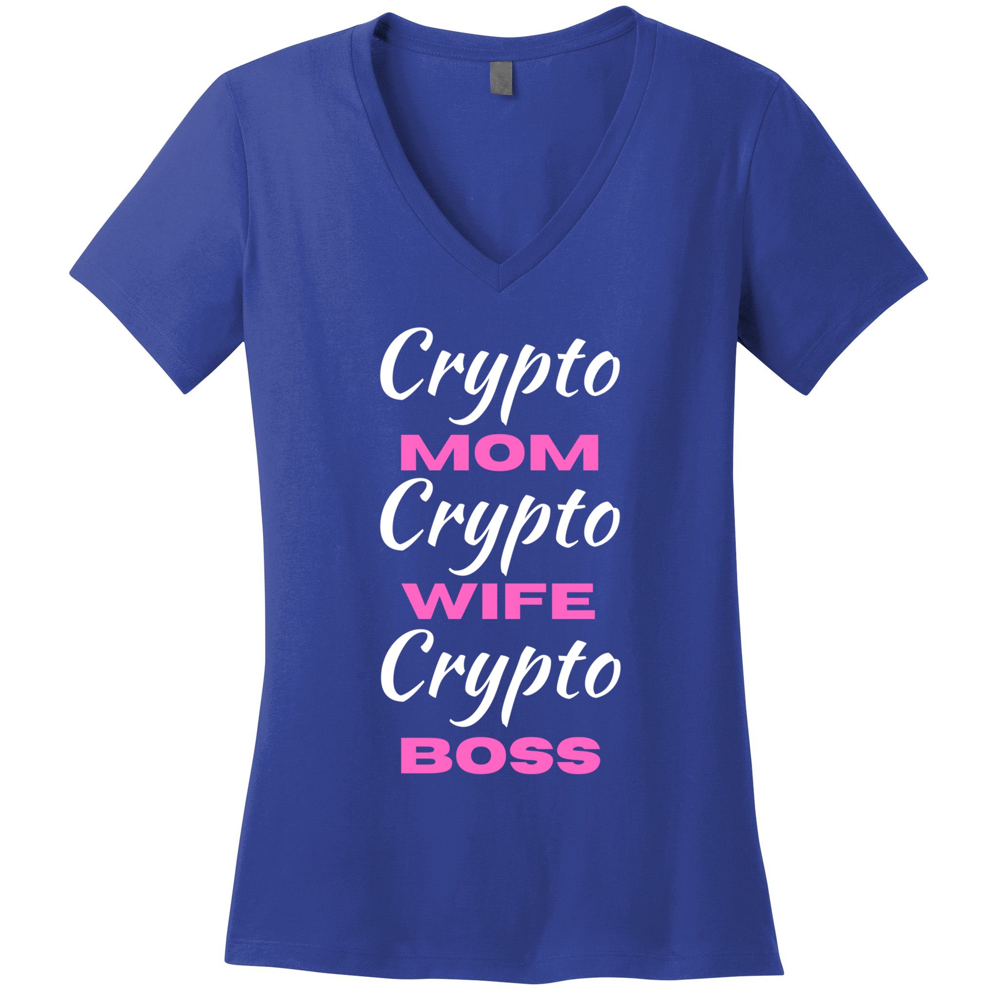 Wo Crypto Mom Wife Boss Funny Tee Bitcoin Ethereum Funny Gift Women's V-Neck T-Shirt