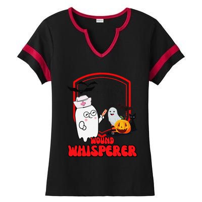 Wound Care Nurse Halloween Funny Wound Whisperer Ghost Ladies Halftime Notch Neck Tee