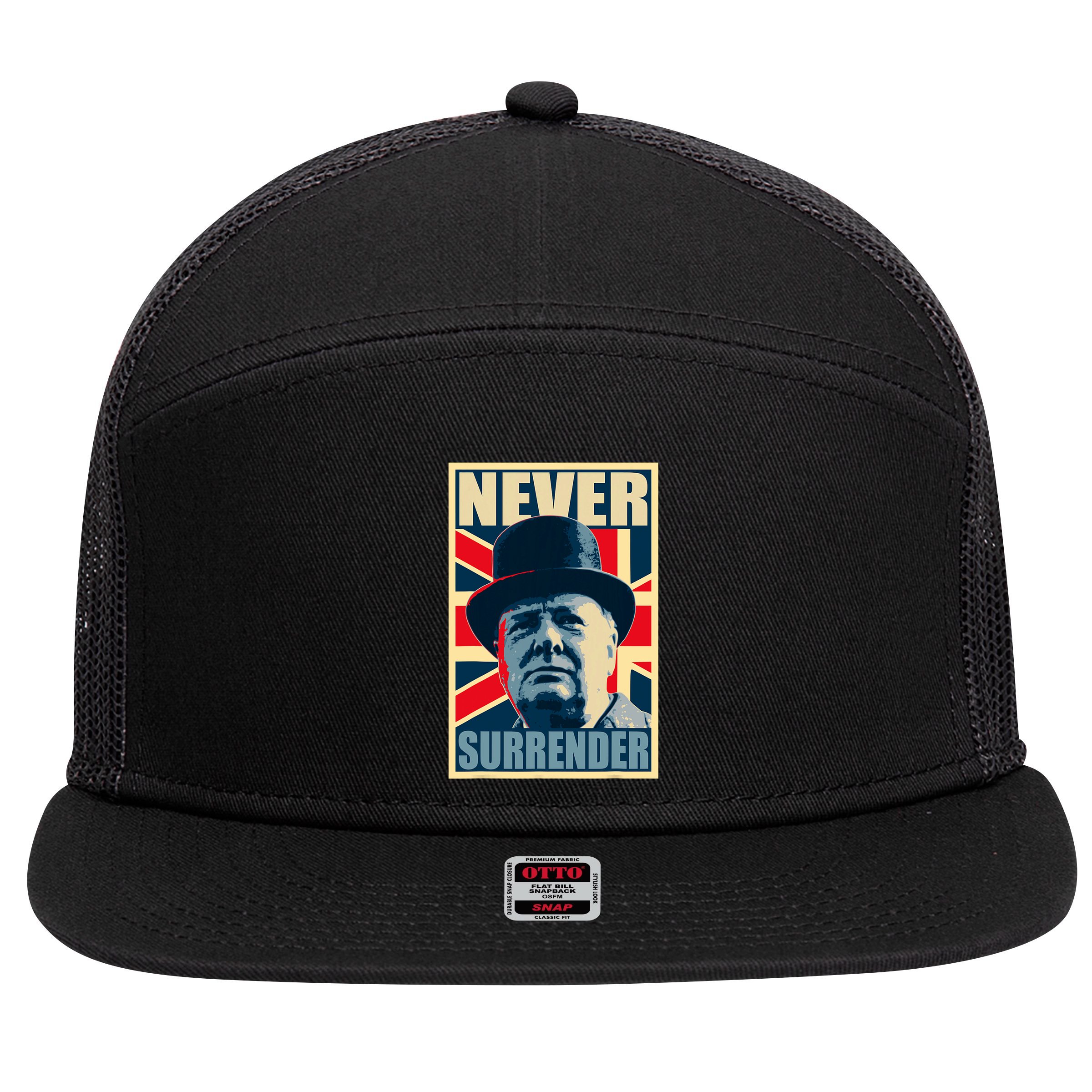 Winston Churchill Never Surrender British Flag Propaganda 7 Panel Mesh Trucker Snapback Hat