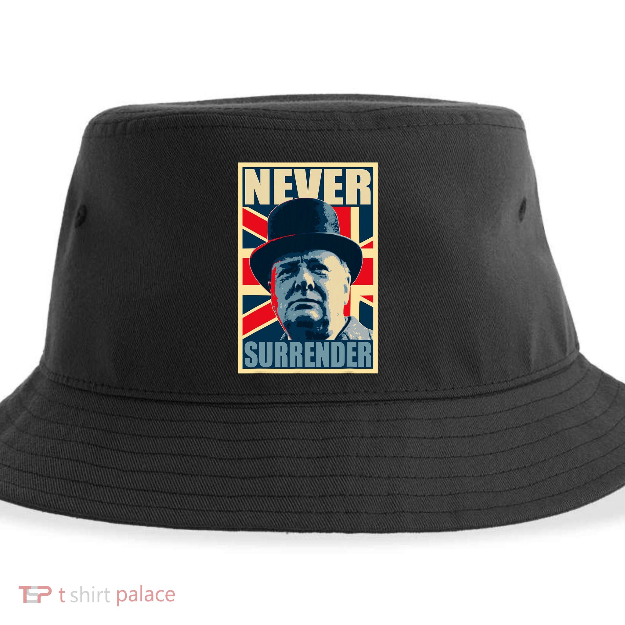 Winston Churchill Never Surrender British Flag Propaganda Sustainable Bucket Hat