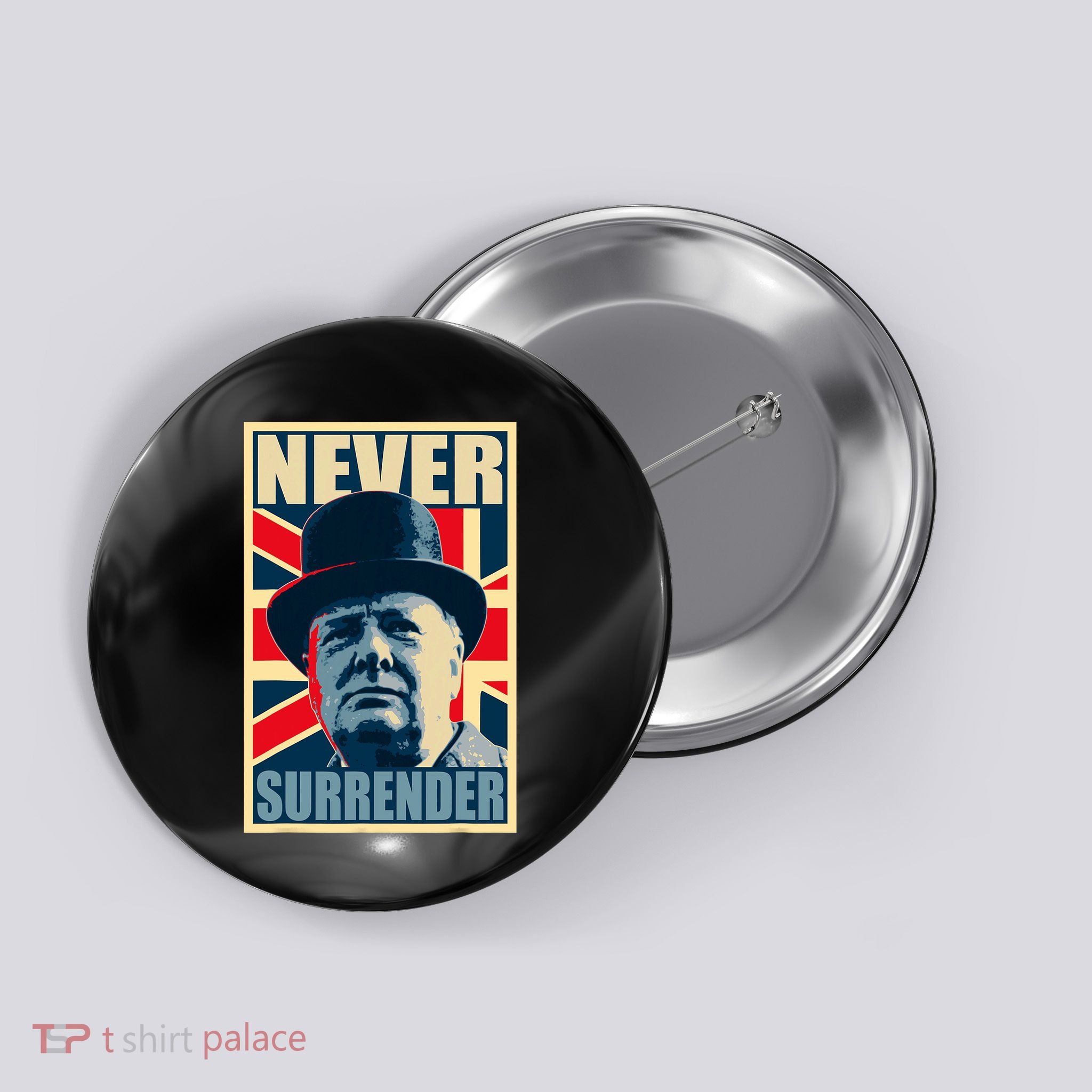 Winston Churchill Never Surrender British Flag Propaganda Button