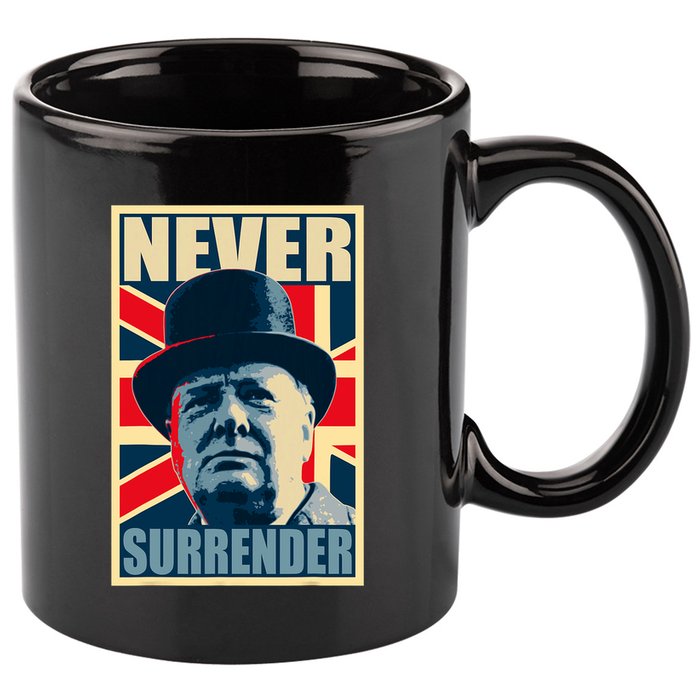 Winston Churchill Never Surrender British Flag Propaganda 11oz C Handle Ceramic Mug
