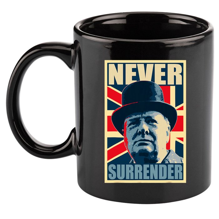Winston Churchill Never Surrender British Flag Propaganda 11oz C Handle Ceramic Mug