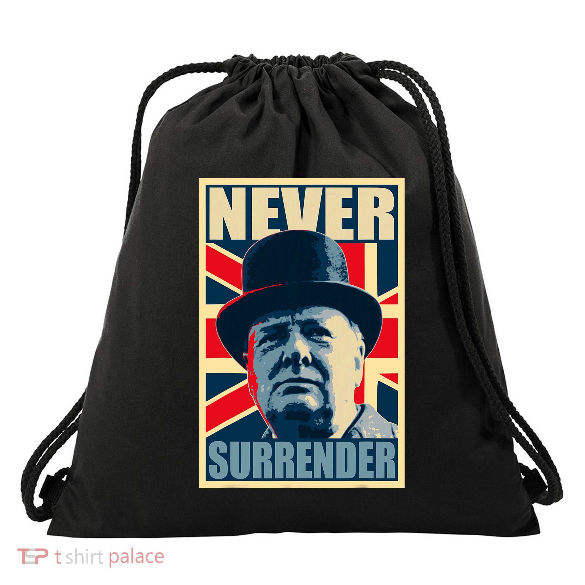 Winston Churchill Never Surrender British Flag Propaganda Drawstring Bag