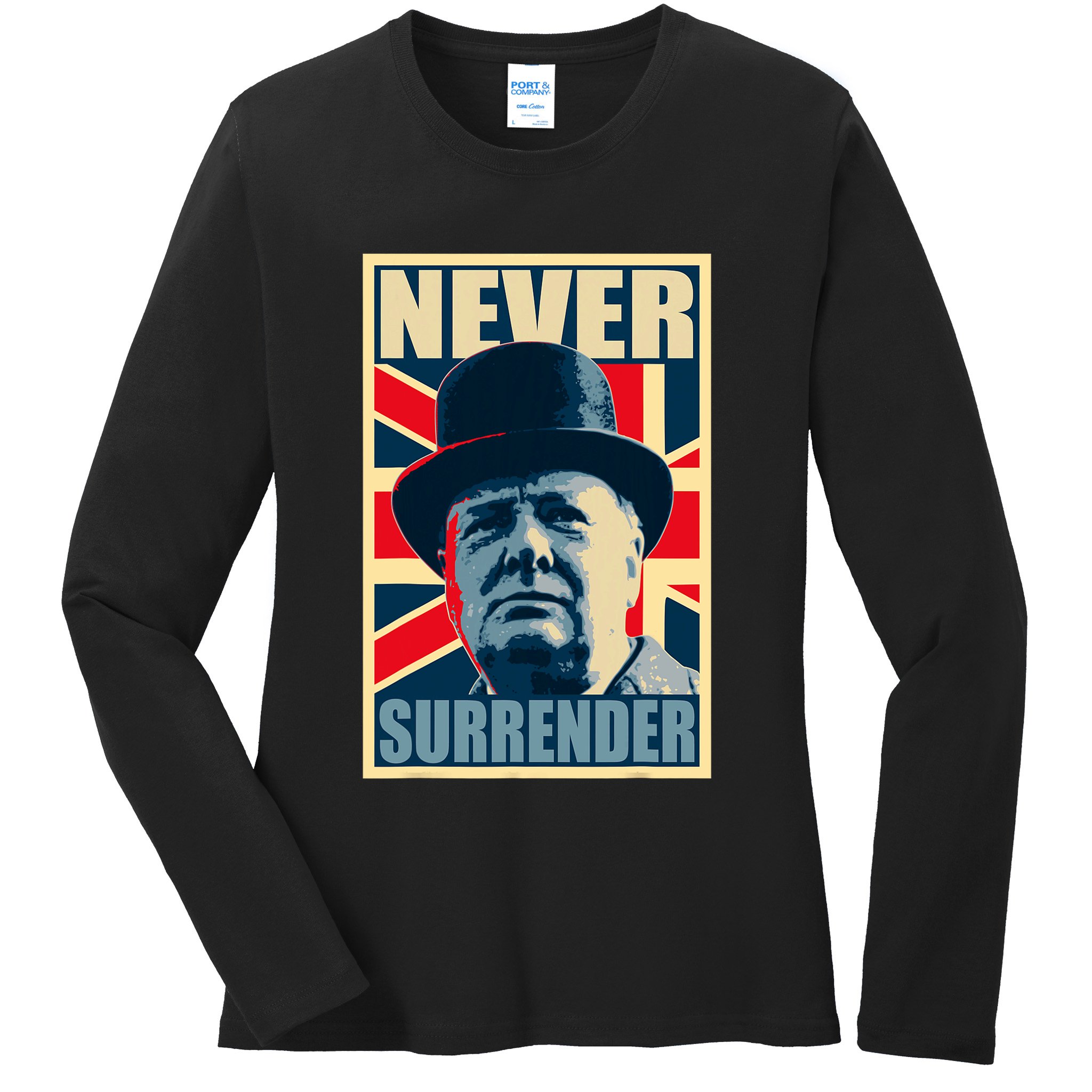 Winston Churchill Never Surrender British Flag Propaganda Ladies Long Sleeve Shirt