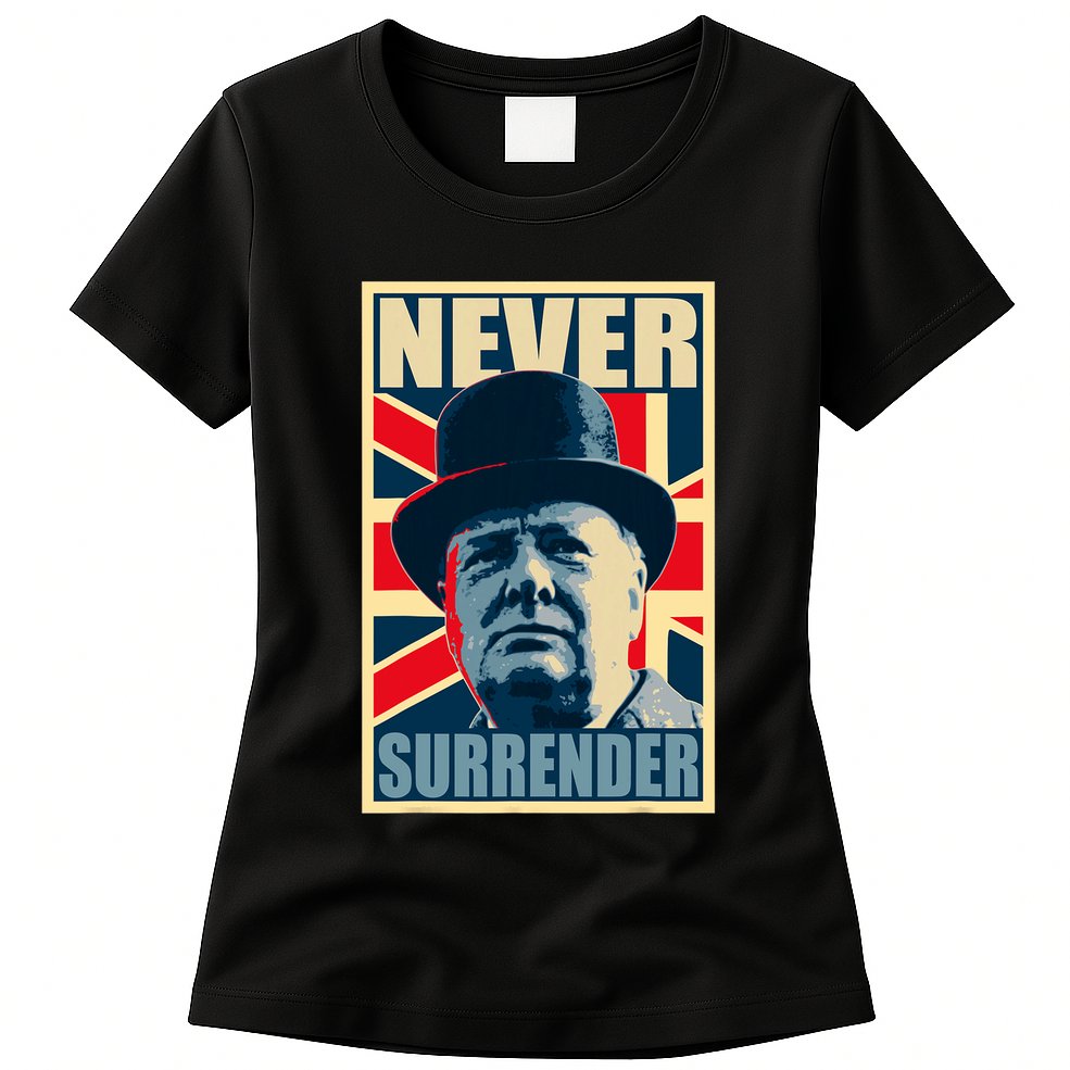 Winston Churchill Never Surrender British Flag Propaganda Womens T-Shirt