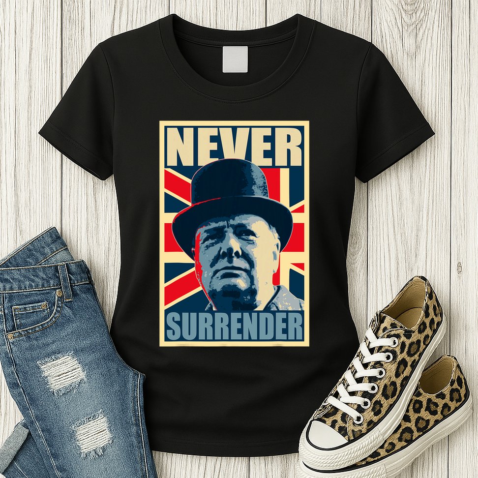 Winston Churchill Never Surrender British Flag Propaganda Womens T-Shirt