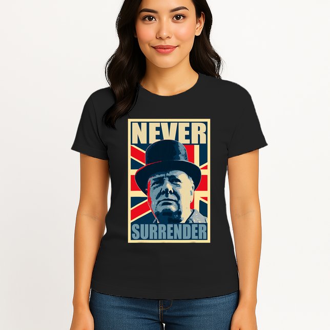 Winston Churchill Never Surrender British Flag Propaganda Womens T-Shirt