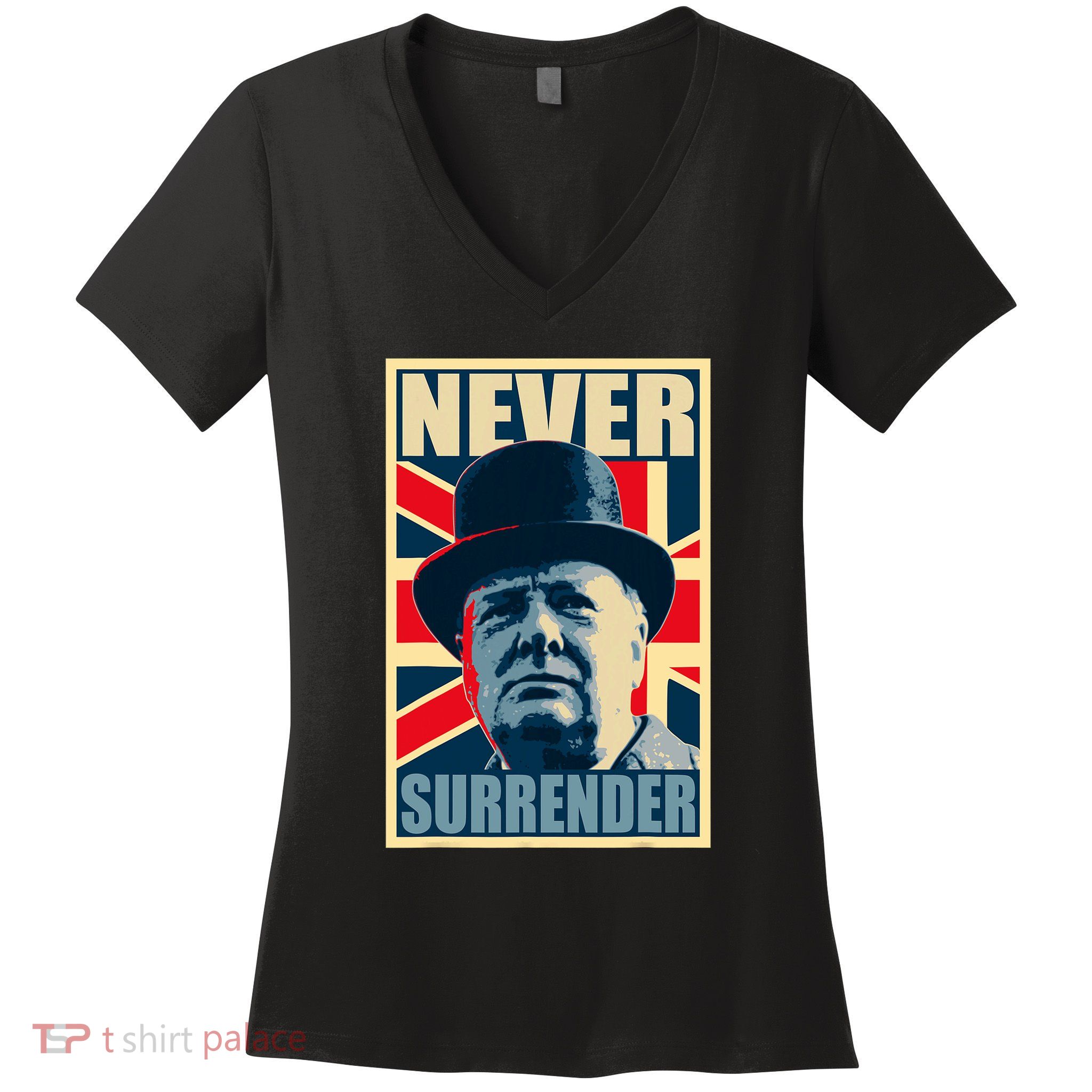 Winston Churchill Never Surrender British Flag Propaganda Women's V-Neck T-Shirt