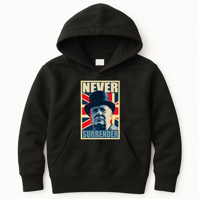 Winston Churchill Never Surrender British Flag Propaganda Kids Hoodie