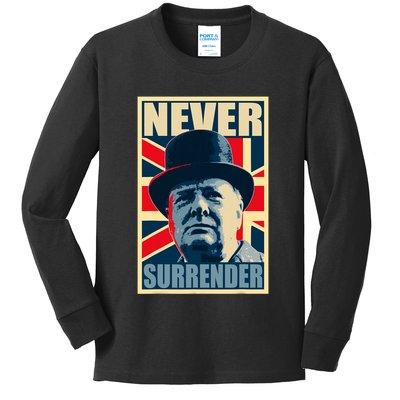 Winston Churchill Never Surrender British Flag Propaganda Kids Long Sleeve Shirt