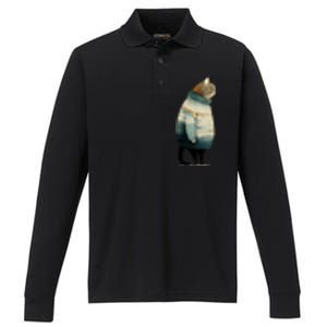 Winter Cat Print Performance Long Sleeve Polo