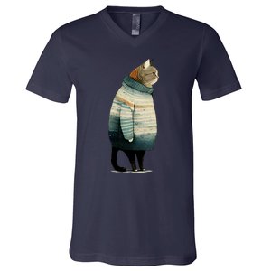 Winter Cat Print V-Neck T-Shirt