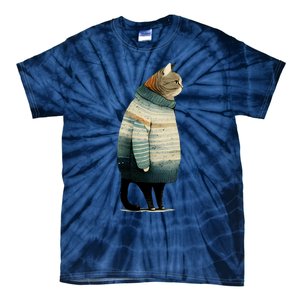 Winter Cat Print Tie-Dye T-Shirt