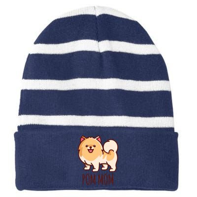 Womens Cute Pomeranian Pom Mom Funny Gift Striped Beanie with Solid Band