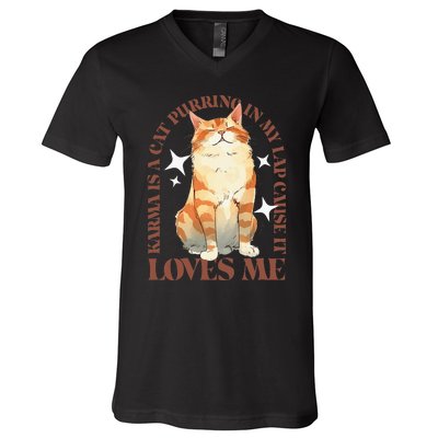 Watercolor Cat Purring And Karma Lover V-Neck T-Shirt