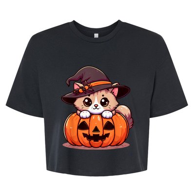 Witch Cat & Pumpkin Halloween Cute Bella+Canvas Jersey Crop Tee