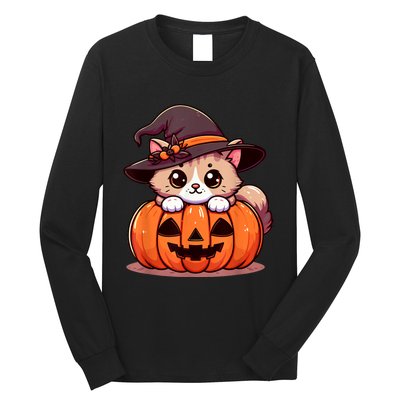 Witch Cat & Pumpkin Halloween Cute Long Sleeve Shirt