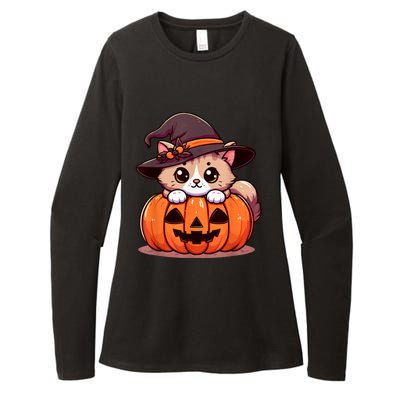 Witch Cat & Pumpkin Halloween Cute Womens CVC Long Sleeve Shirt