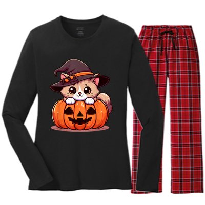 Witch Cat & Pumpkin Halloween Cute Women's Long Sleeve Flannel Pajama Set 