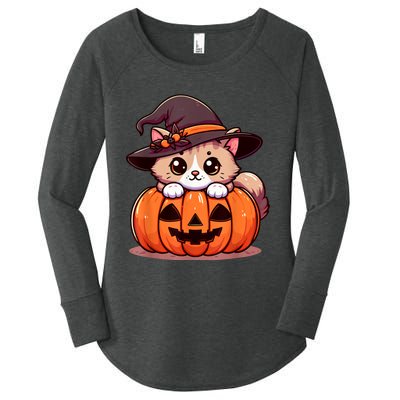 Witch Cat & Pumpkin Halloween Cute Women's Perfect Tri Tunic Long Sleeve Shirt