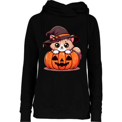 Witch Cat & Pumpkin Halloween Cute Womens Funnel Neck Pullover Hood